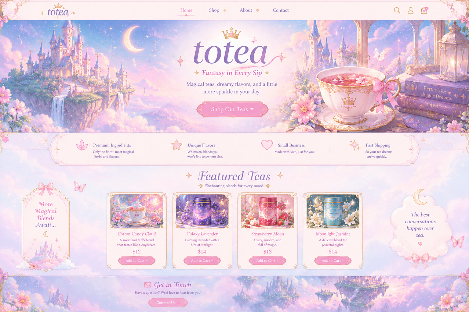 totea fantasy tea shop with magical pastel castle and tea collection